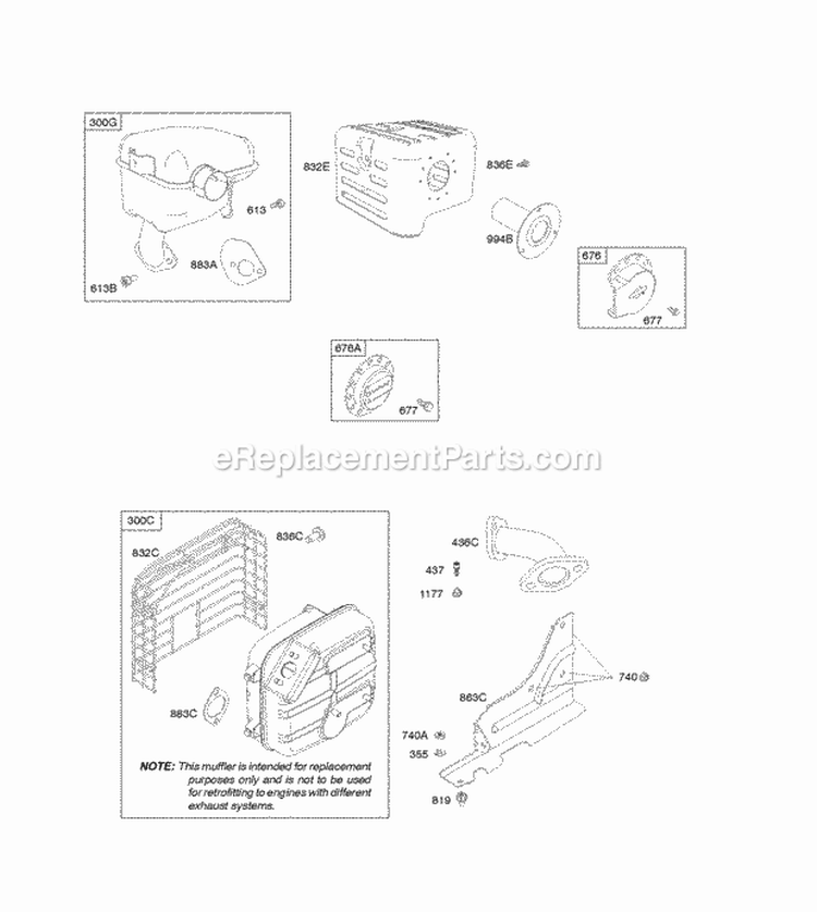 Exhaust System Diagram and Parts List for 20L132-0110-G1  Briggs and Stratton Engine